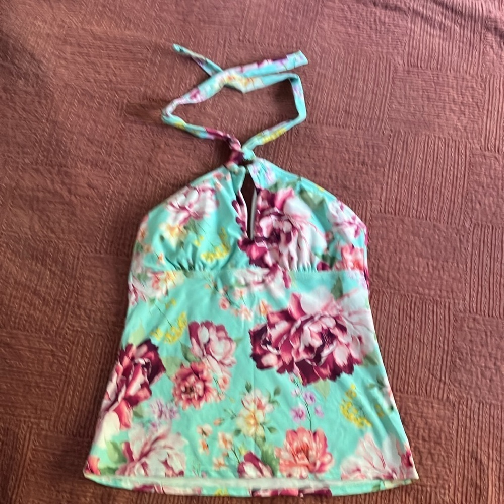 Size medium Blue and Green Floral Halter Sleeveless Tank swim bathing suit Top